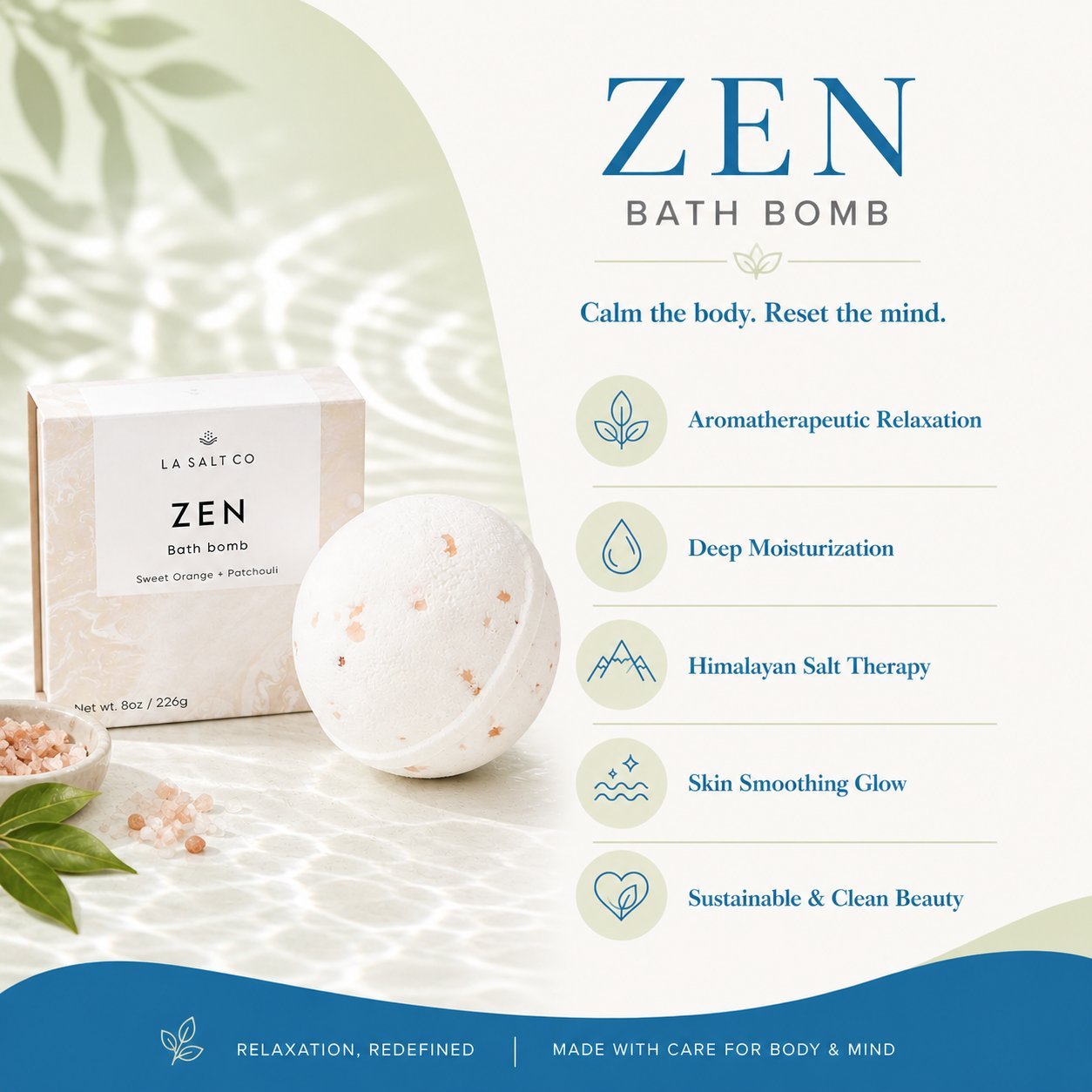 Zen bath bomb with packaging and product details on a white background