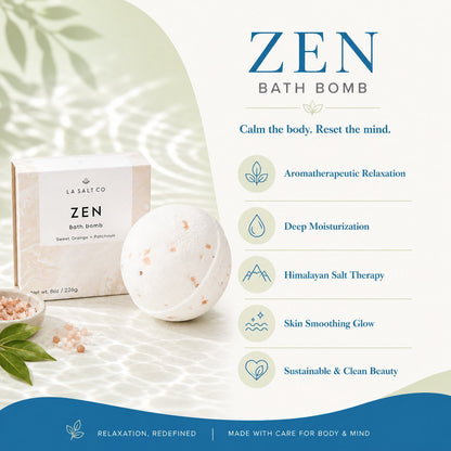 Zen bath bomb with packaging and product details on a white background