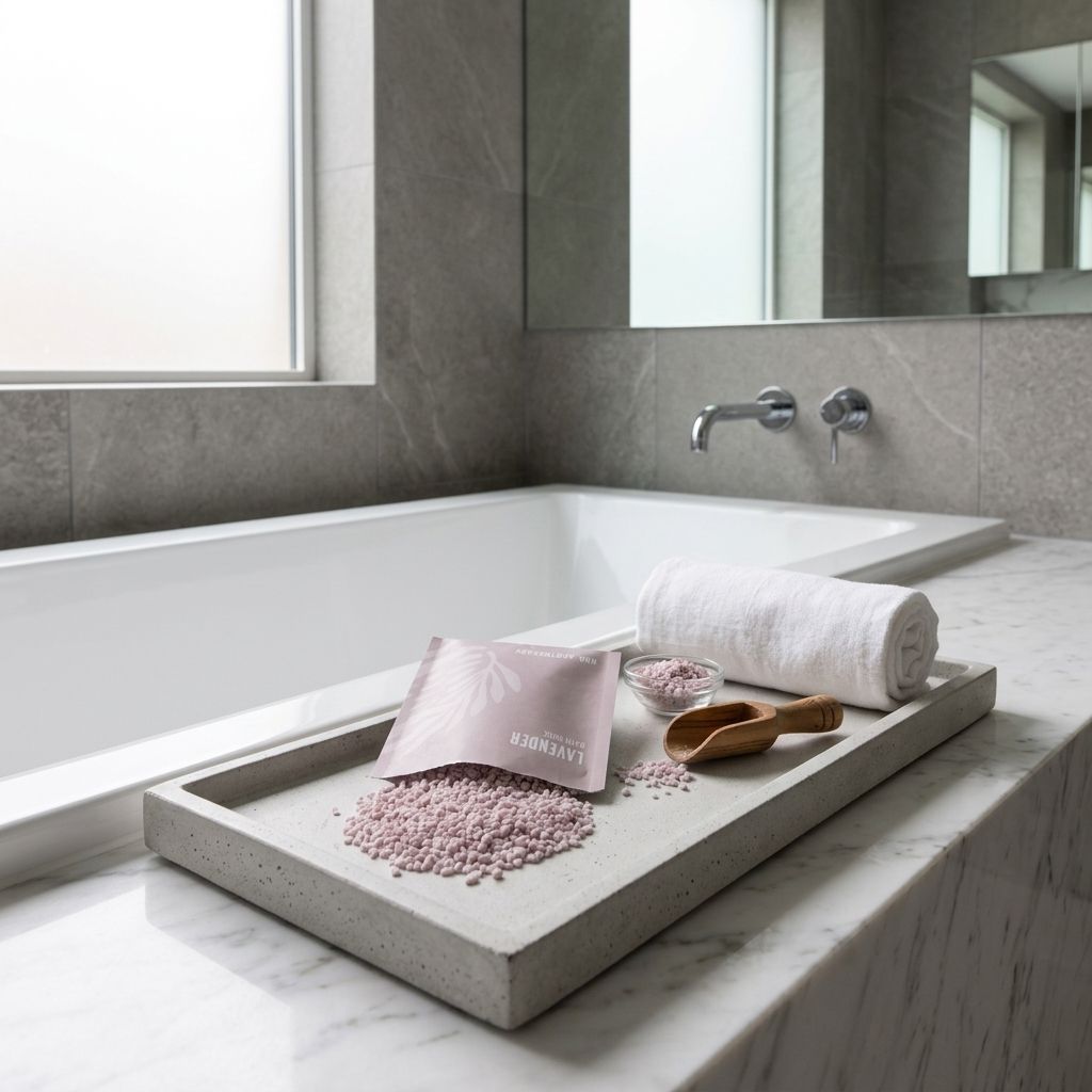 Lavender salt bath soak granules on a concrete tray resting on a marble bathroom counter next to a bathtub. 