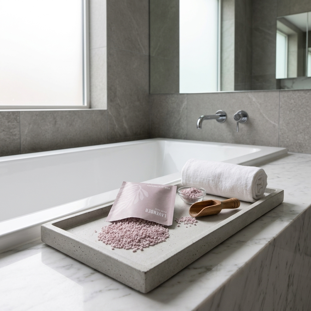 Lavender salt bath soak granules on a concrete tray resting on a marble bathroom counter next to a bathtub. 