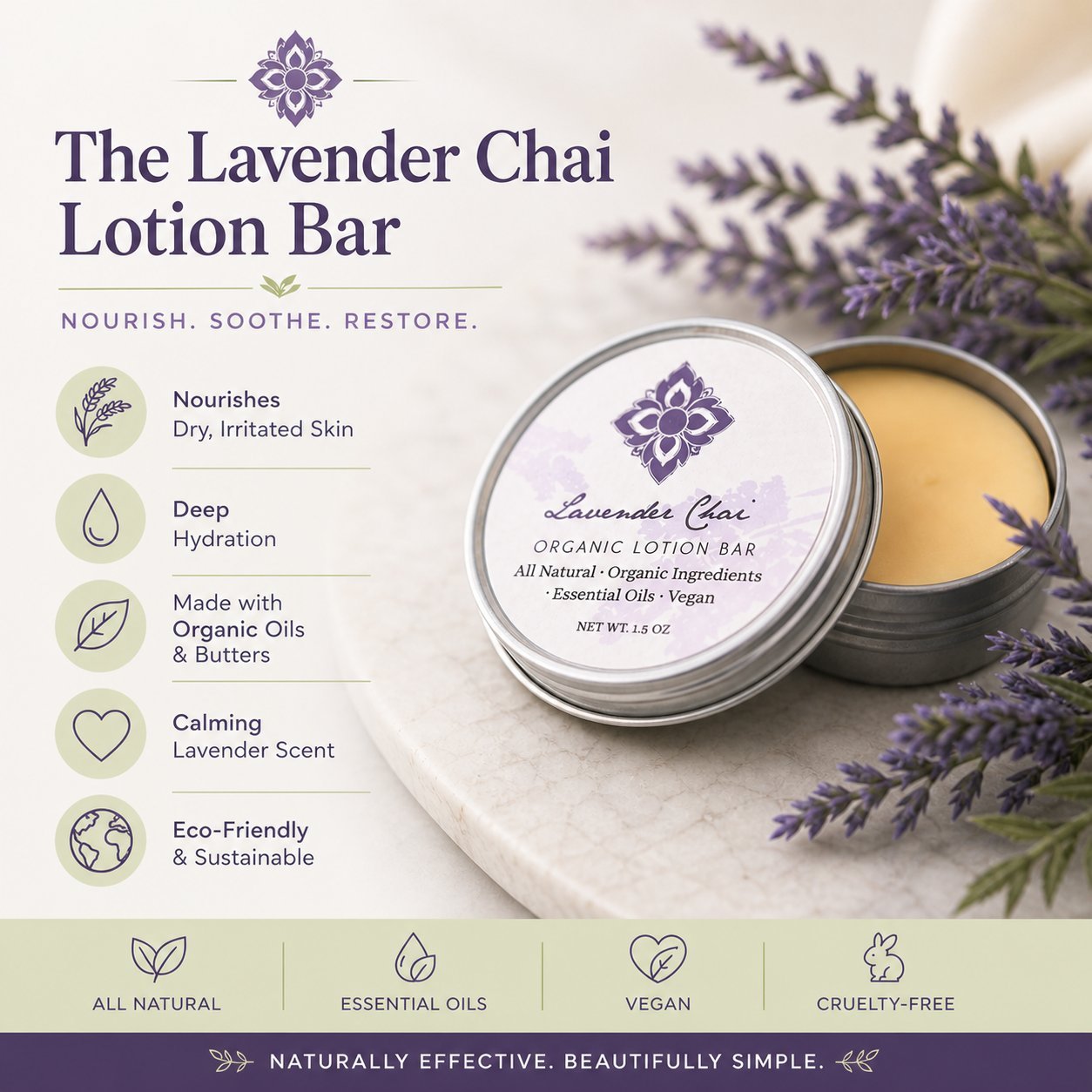 Lavender Chai lotion bar with fresh lavender and product description