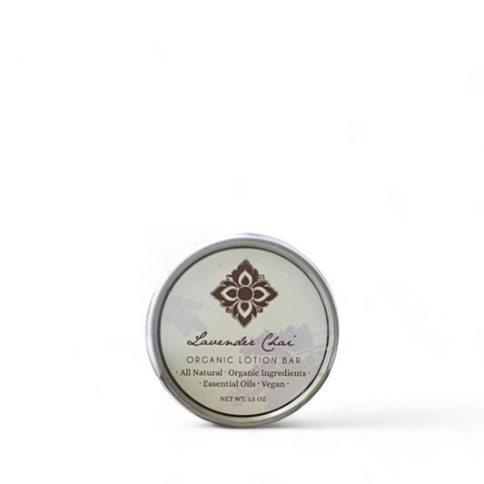 Tin of Lavender Chai Organic Lotion Bar on white background