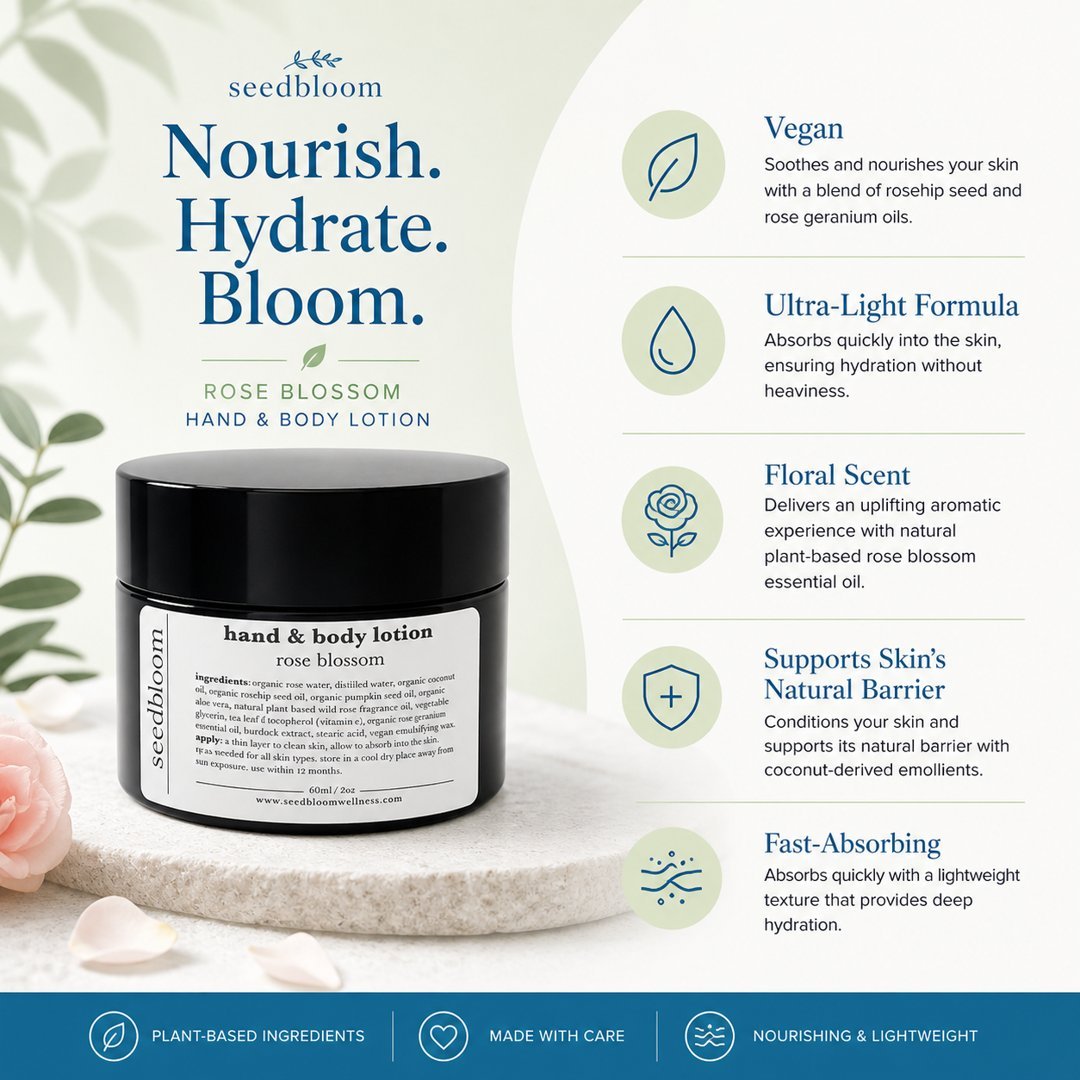 Seedbloom hand and body lotion with product details on a white background