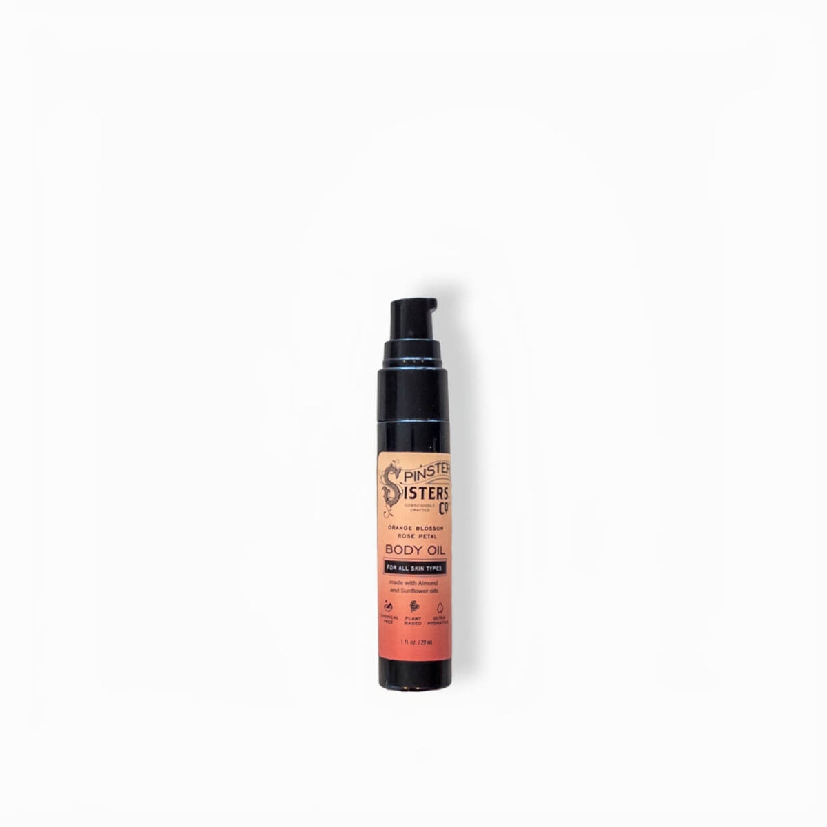 Small bottle of body oil on white background