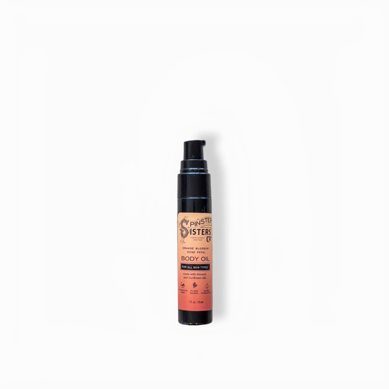 Small bottle of body oil on white background