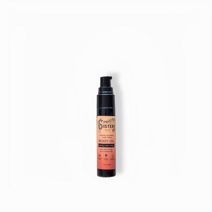 Small bottle of body oil on white background