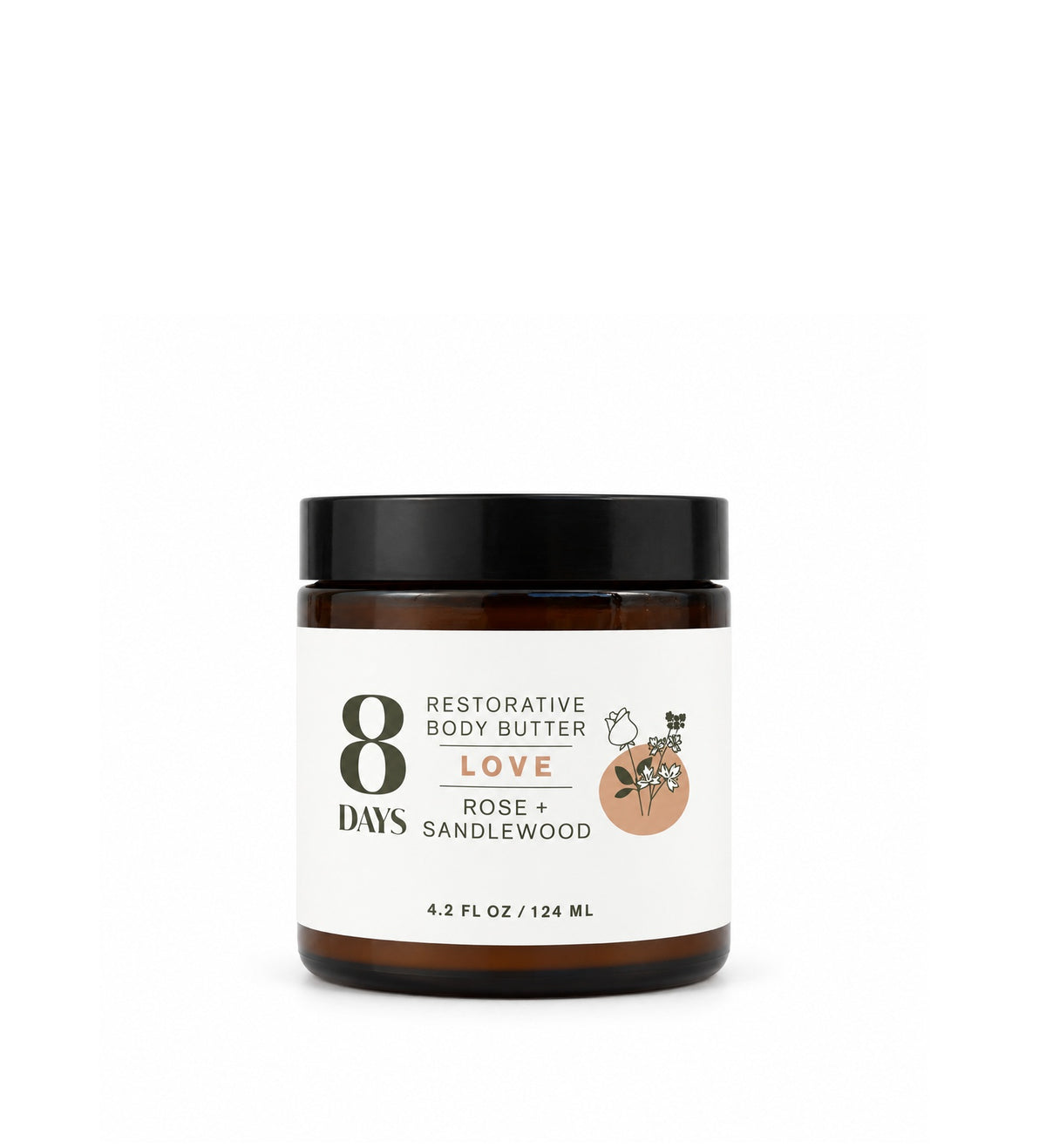 An amber glass jar of Love Body Butter with Rose + Sandlewood, from 8 Days Botanicals. 