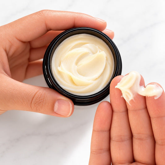 A close-up of the creamy texture and buttery color of the Love restorative body butter from 8 Days Botanicals.