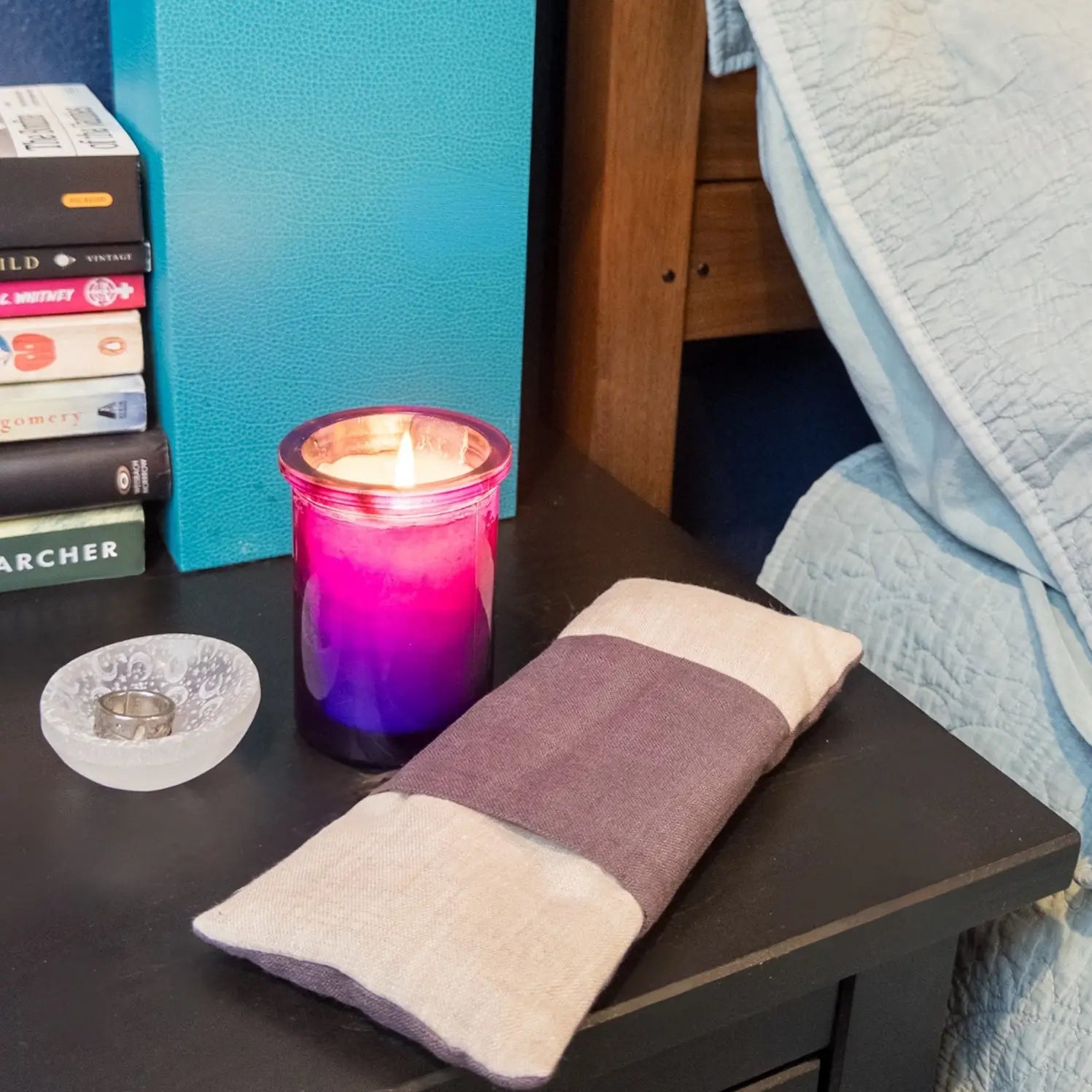 The Empty Nester box set with eye pillow, lavender candle, and celenite dish. 