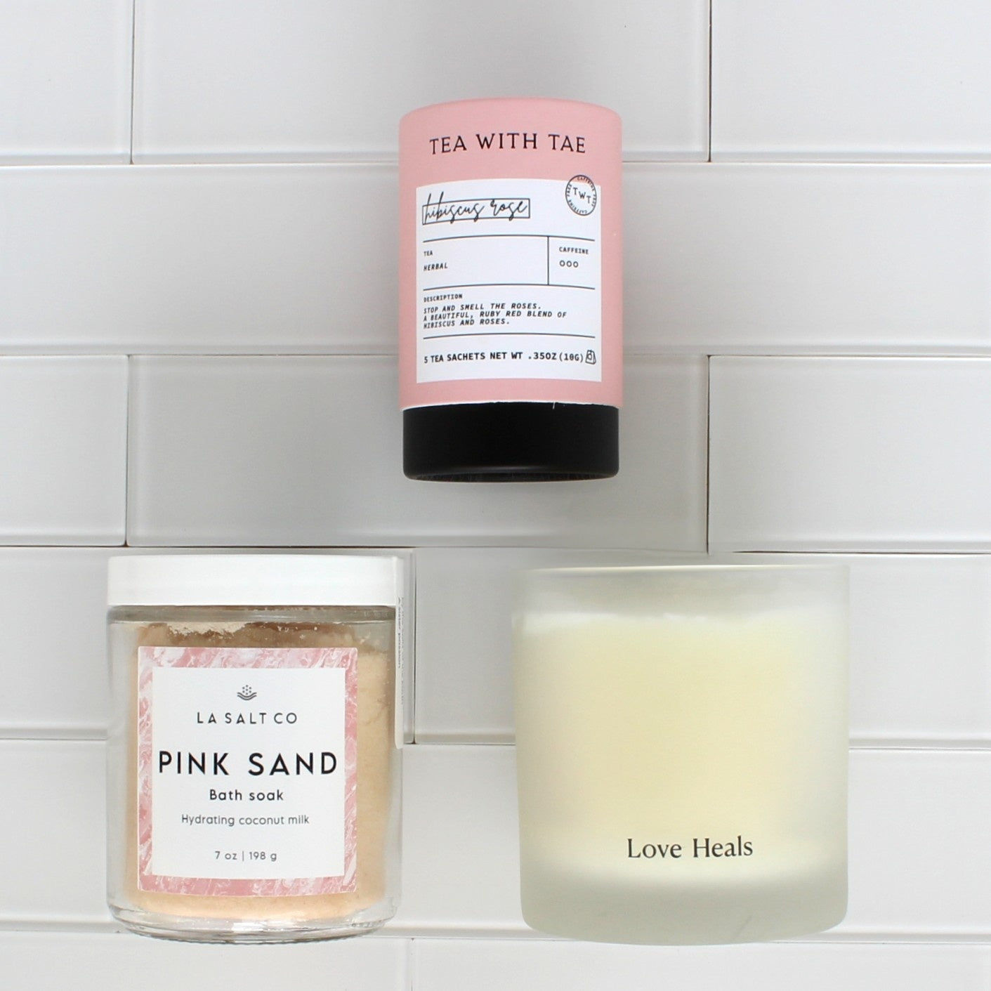 The February Self-Care Subscription Box with bath soak, hibiscus tea, and rose candle