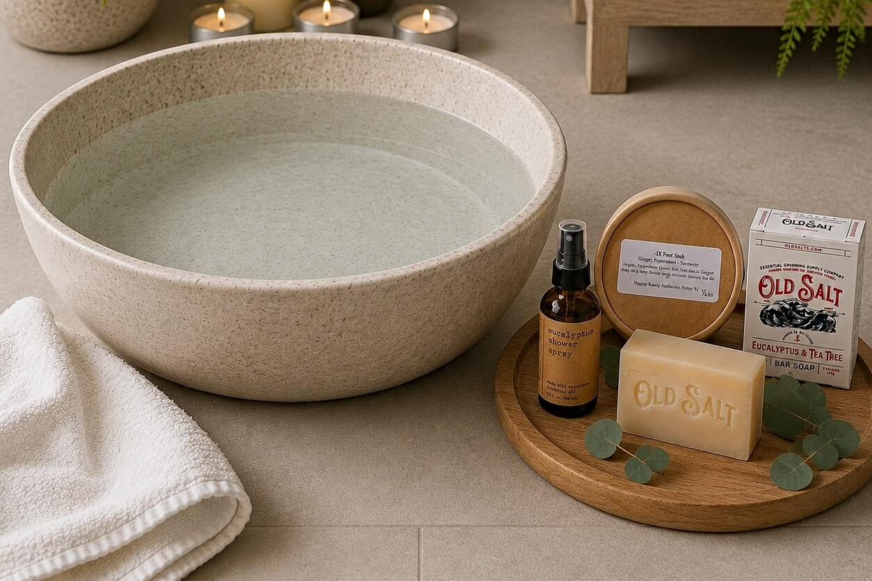 Bathroom setting with a ceramic bowl, candles, towels, and foot soak and eucalyptus bath products on a neutral background.