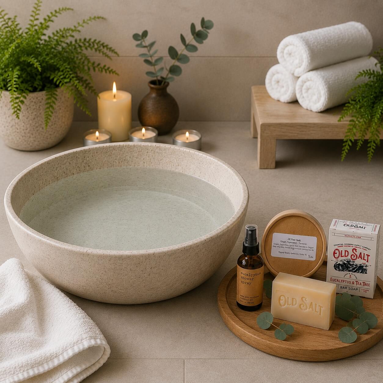 Bathroom setting with a ceramic bowl, candles, towels, and foot soak and eucalyptus bath products on a neutral background.