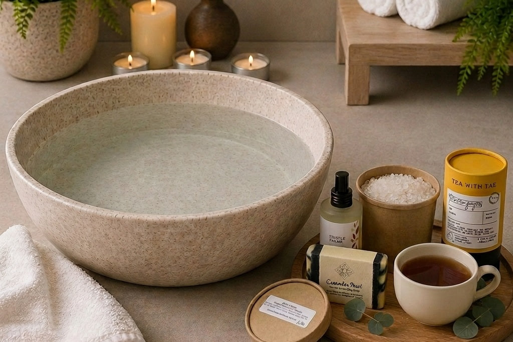 A large round beige stone bath bowl filled with water, styled in a spa-like setting with candles, towels, a cup of tea, bath salts, soap, and a tea tin on a tray.