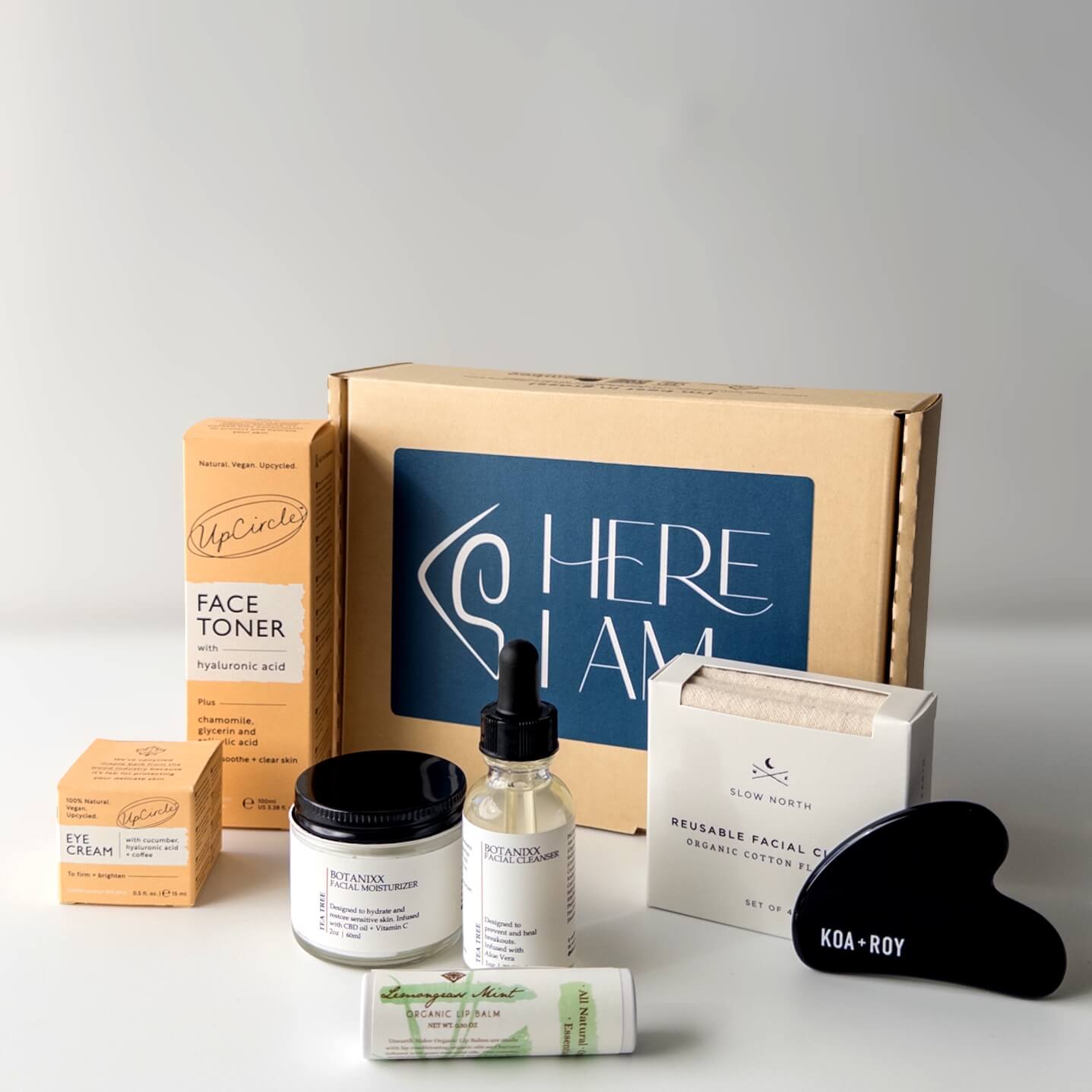 Your new Morning face care routine with recyclable gift box including gua sha, face toner and eye cream, cleanser and moisturizer, reusable cloths, and lip balm