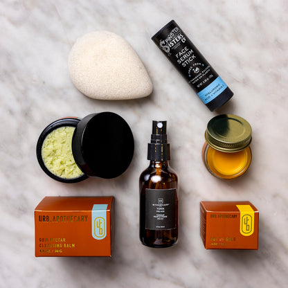 Pot of Gold Regenerative Face Balm, Pro-Age Toner, Konjac sponge, Goji Nectar Cleanser, and Face Serum stick 