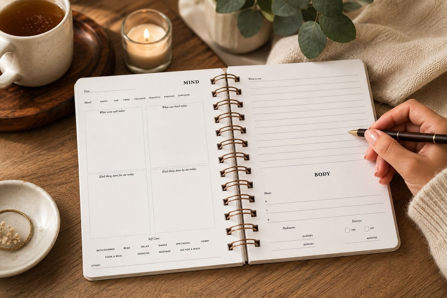Woman writing in a daily wellness journal with easy prompts to lower cortisol. 