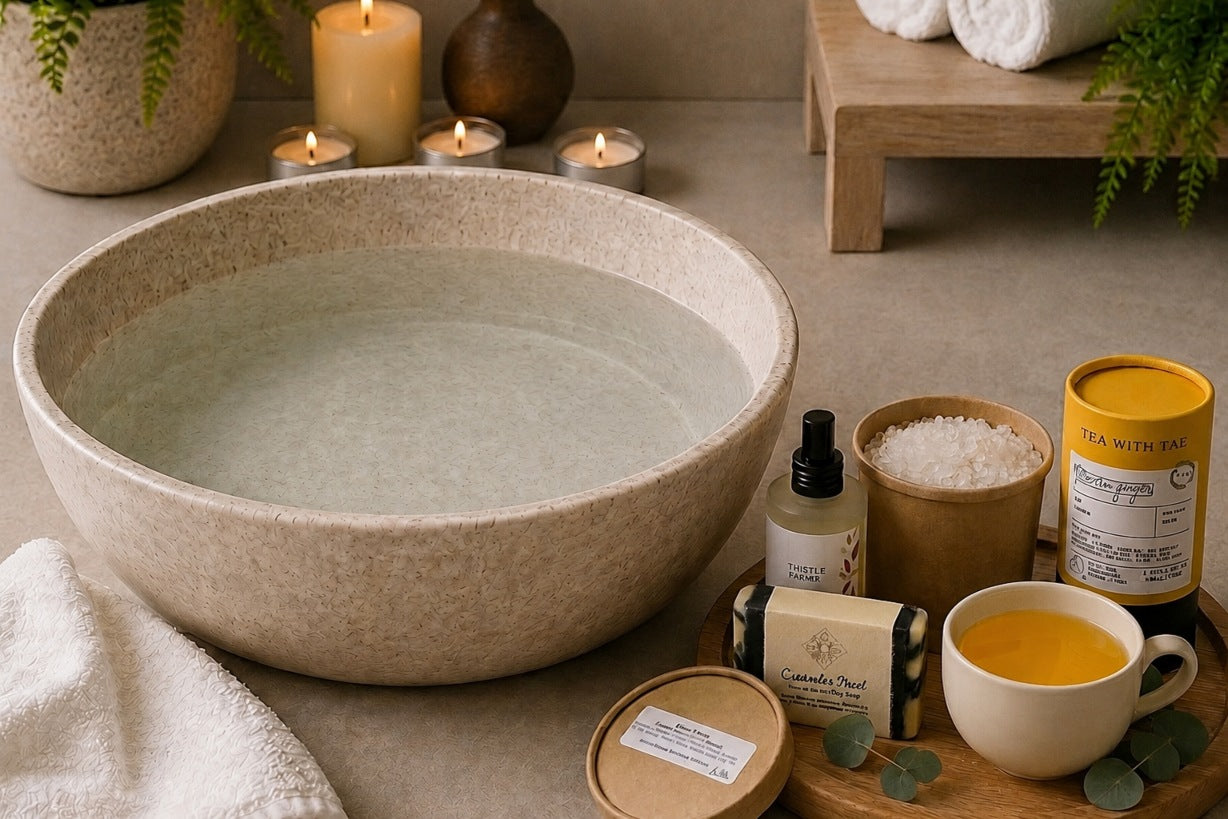 A large round beige bath bowl filled with water, styled in a spa-like setting with candles, towels, and items for Post-Race Recovery Self-Care including epsom salts, cucumber mint soap, and a cup of turmeric ginger tea on a tray.