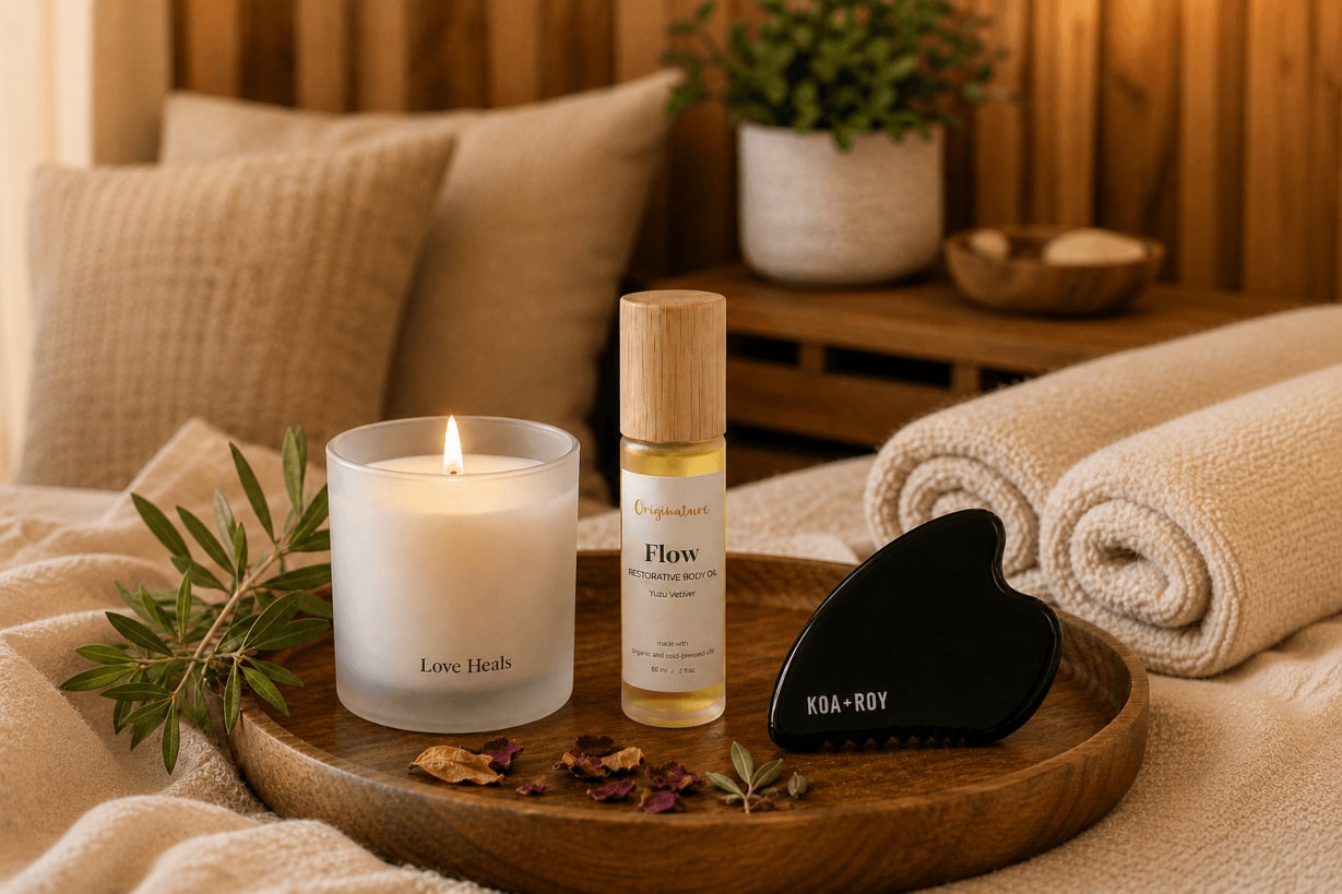 Candle, bottle of 'Flow' body oil, and Gua Sha tool on a wooden tray with a cozy background.