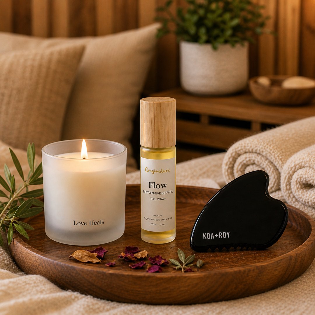 Candle, bottle of 'Flow' product, and Gua Sha tool on a wooden tray with a cozy background.