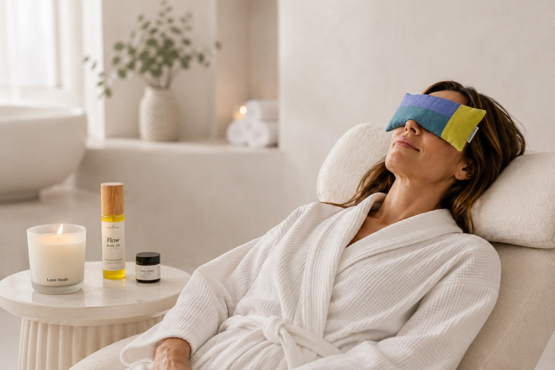 A woman in a white robe relaxes on a cushioned chair enjoying the At-Home Spa Self-Care Gift Box, with a blue, purple, and yellow eye mask. A small side table beside her holds a lit candle, a bottle of organic body oil, and a small jar of organic body lotion.
