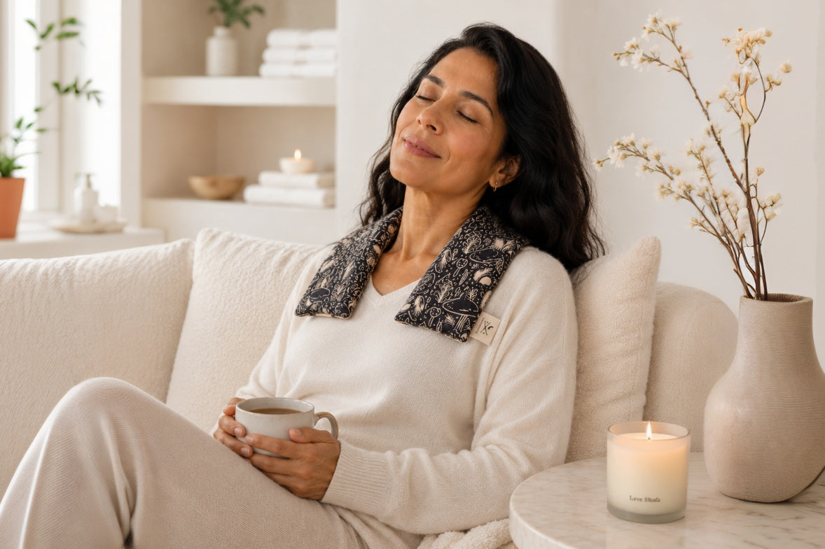 A woman relaxes on a cream sofa in a bright living room, wearing a cream knit sweater and matching pants with a weighted neck wrap on her shoulders. She holds a mug, with a lit candle and a vase of dried flowers on a side table nearby.