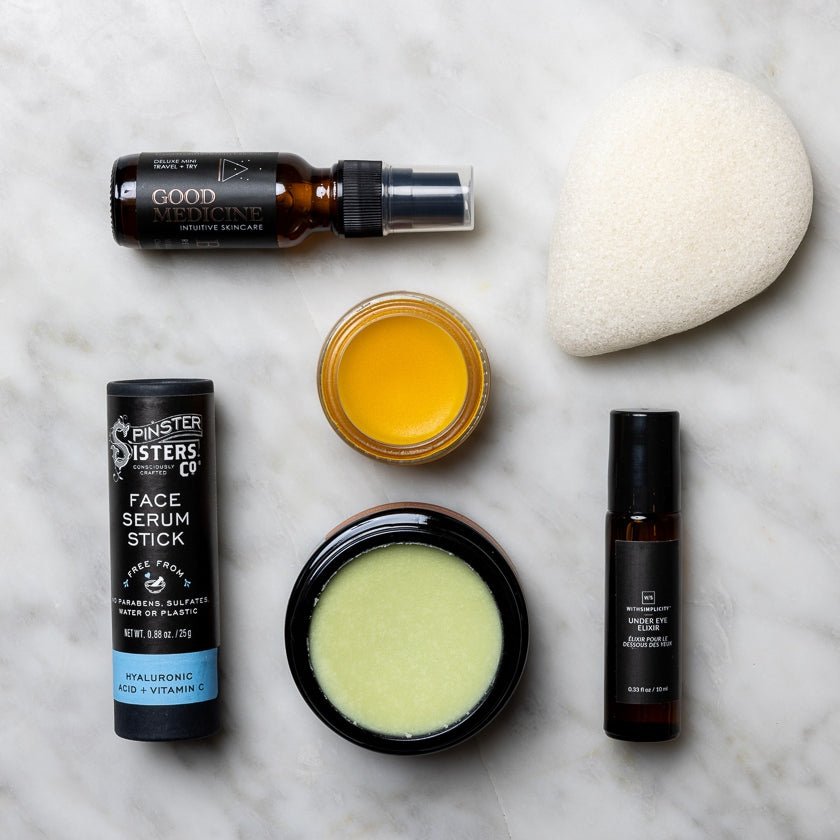 Pot of Gold Regenerative Face Balm, Breeze Toner, Konjac sponge, Goji Nectar Cleanser, Face Serum stick, and Eye Elixir