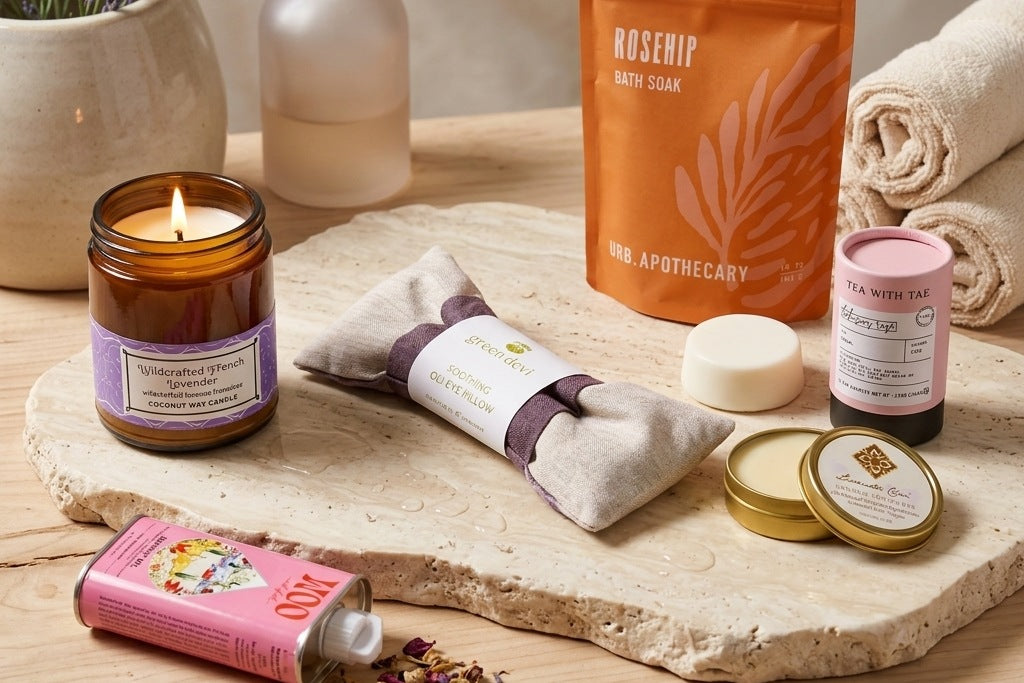 A curated apothecary bath and body gift set arranged on a stone slab, including a lit lavender candle, a pink tube with hibiscus and rose tea, a linen eye pillow, a pouch of rosehip bath soak, a lotion on a stone surface.