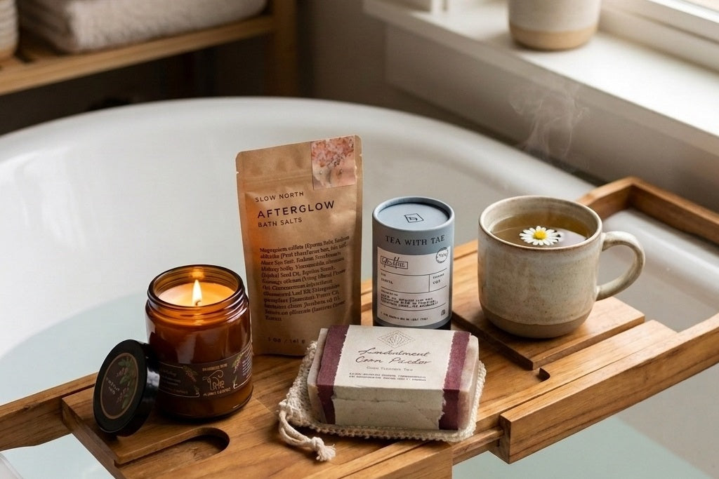 A bath scene with a wooden caddy draped over a white bathtub. On the caddy are a lit amber candle jar, a kraft pouch labeled AFTERGLOW BATH SALTS, a round tube of tea, a beige ceramic mug of chamomile tea, and a wrapped soap bar in a drawstring pouch.