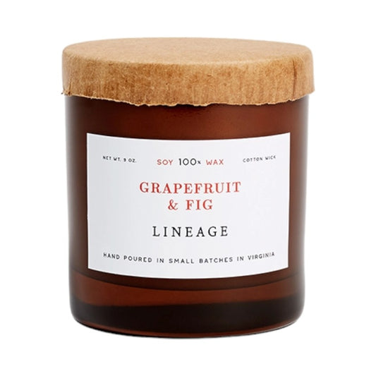The Grapefruit and Fig candle from Lineage in brown jar with kraft paper lid