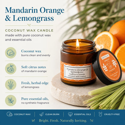 Mandarin Orange & Lemongrass candle with product description on white