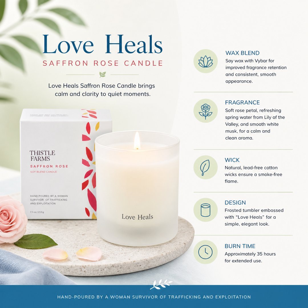 Saffron Rose candle with packaging and product details on a white background