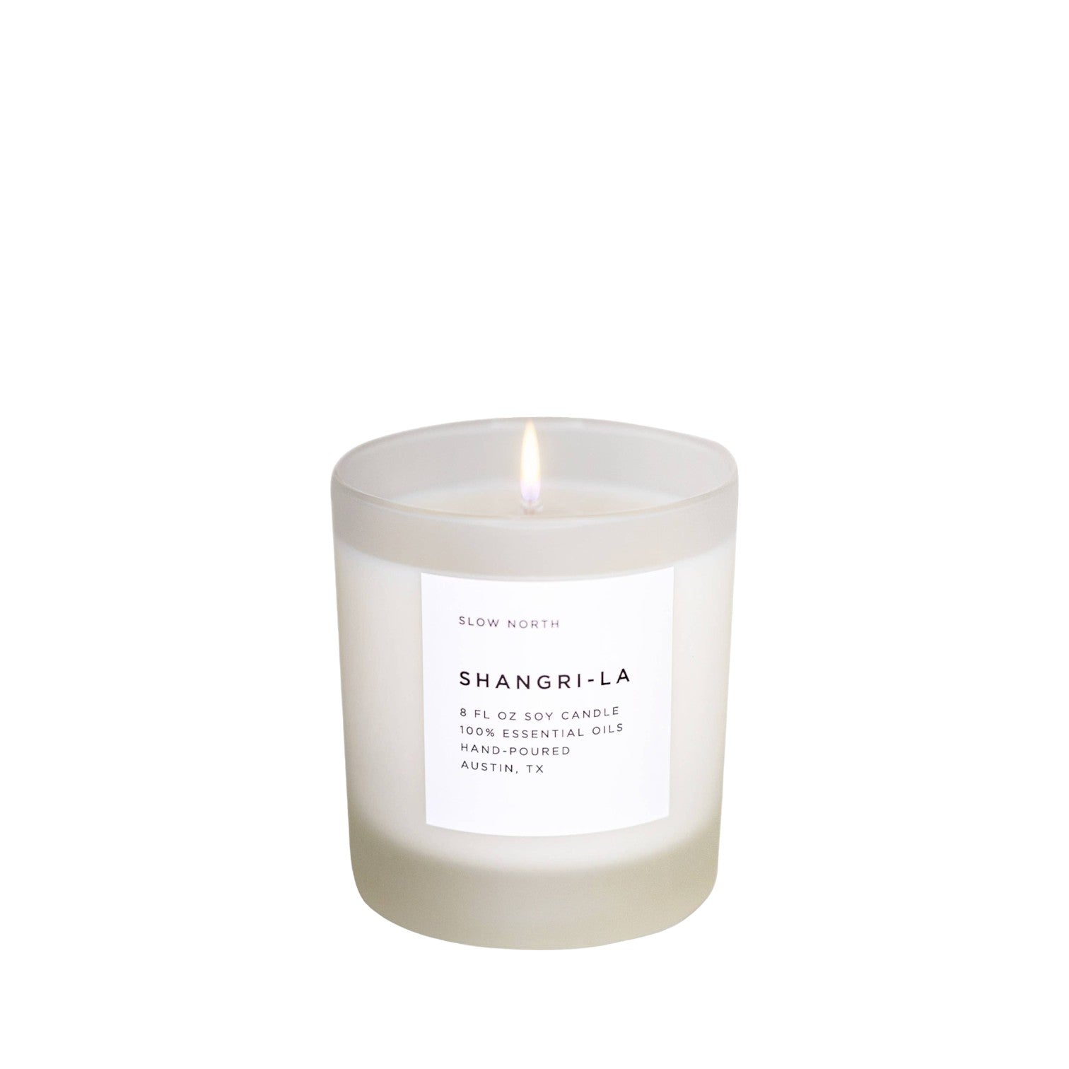 Shangri-la scented soy candle on a white background