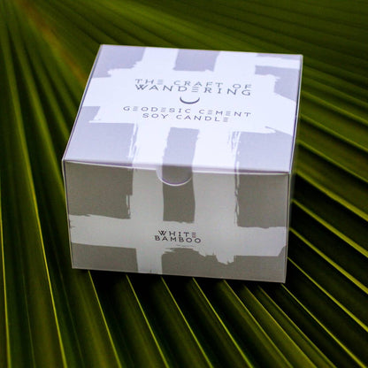 Geodesic candle in box on palm frond