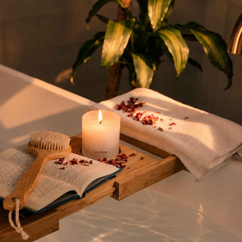 Bath caddy with book, the Love Heals Saffron Rose candle, and rose petals over a bathtub