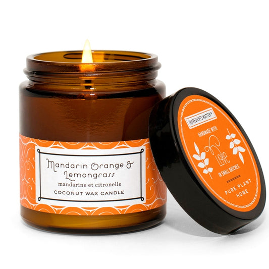 Mandarin Orange & Lemongrass candle in an amber glass jar 