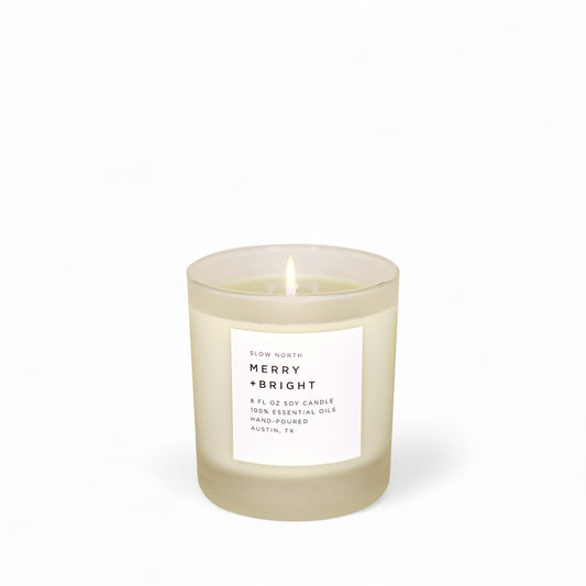 The Merry and Bright essential oil candle from Slow North on white background
