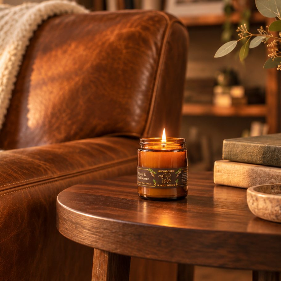 A Myrrh and Frankincense essential oil candle, lit in an amber glass jar, sits on a round wooden table in a cozy living room setting, next to a brown leather armchair and stacked books.