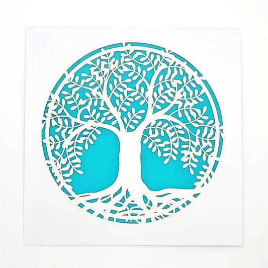 A square white art print or card featuring a stylized white tree of life design layered over a bright turquoise blue circular background, shown against a plain white backdrop.