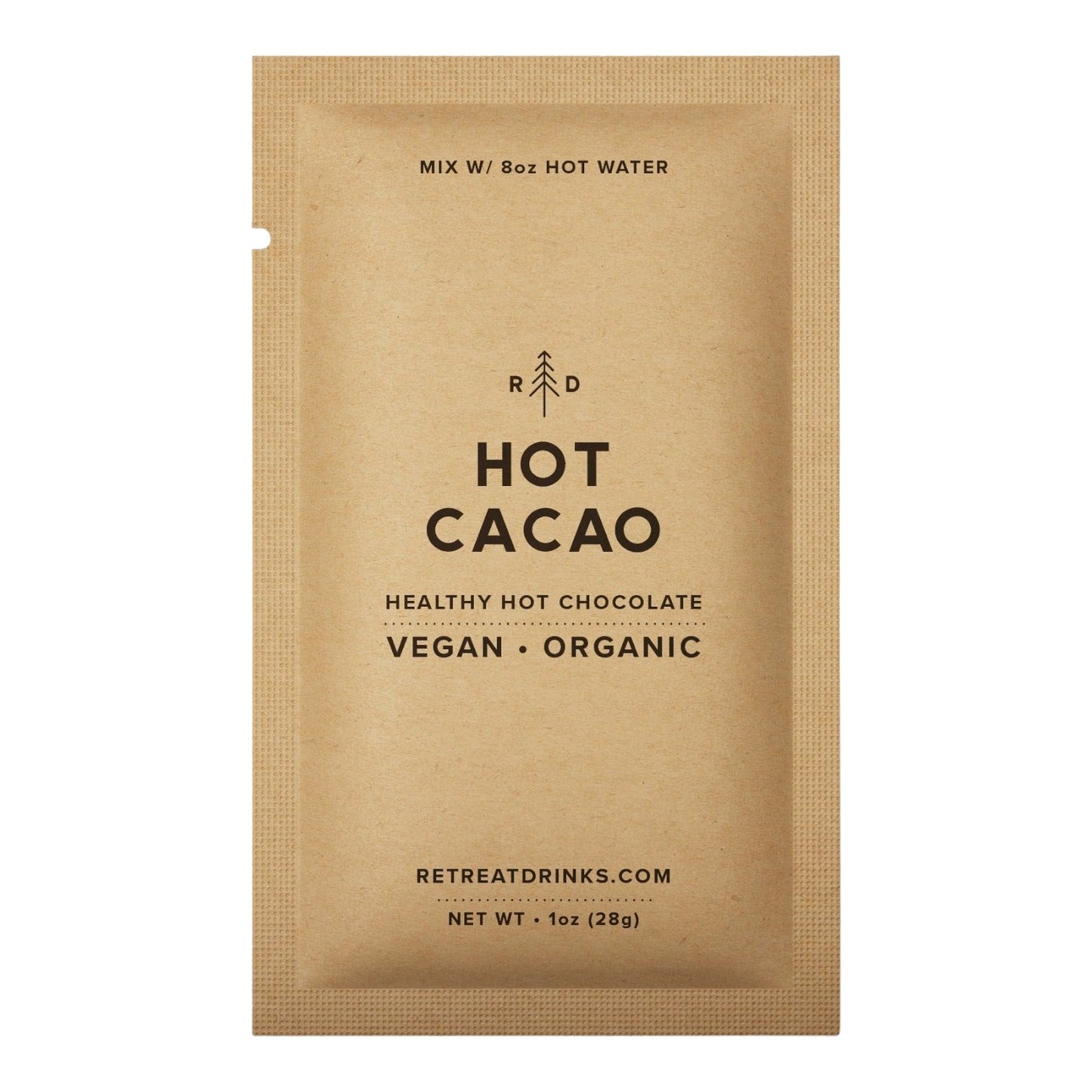 Single serving packet of vegan hot cacao mix from Retreat Drinks