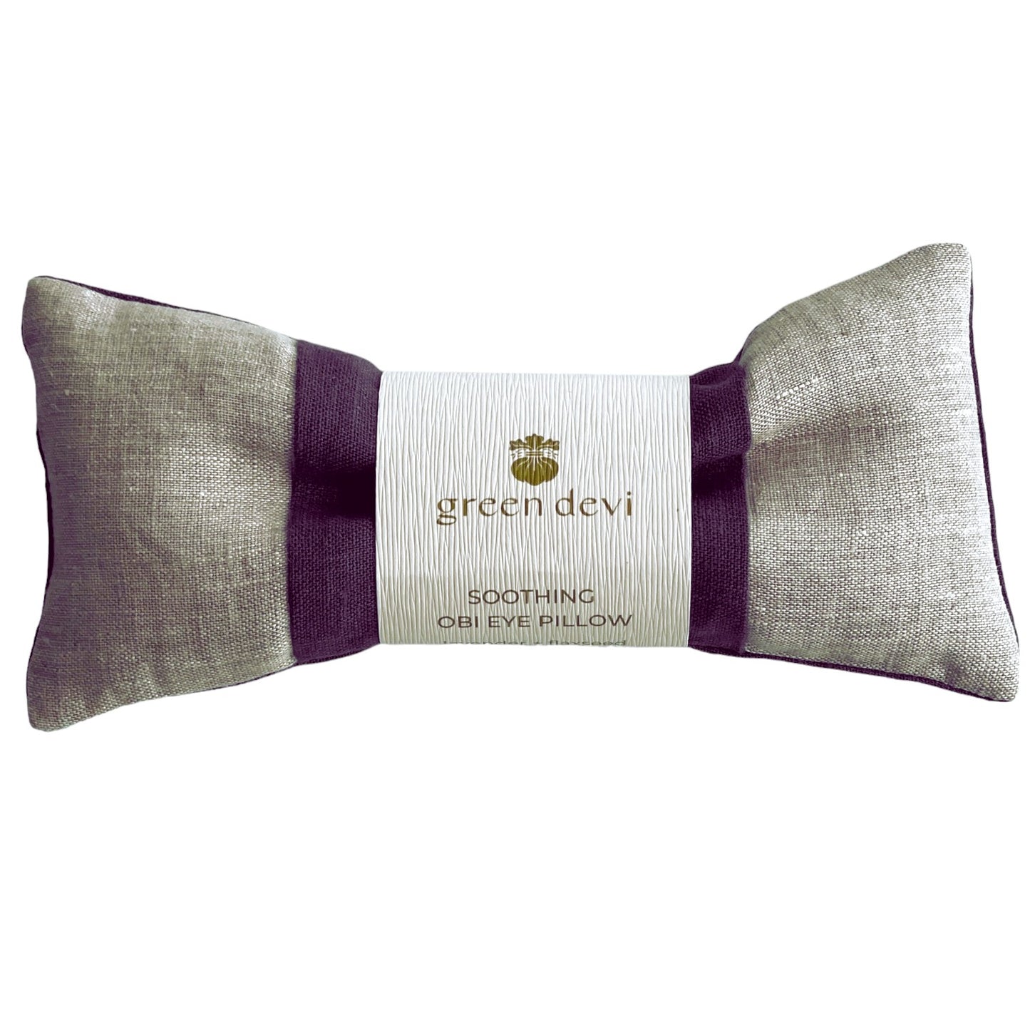 A linen and lavender eye pillow from Green Devi on a white background