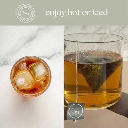 Glass of iced tea and a glass with a tea bag, featuring TWT logo.
