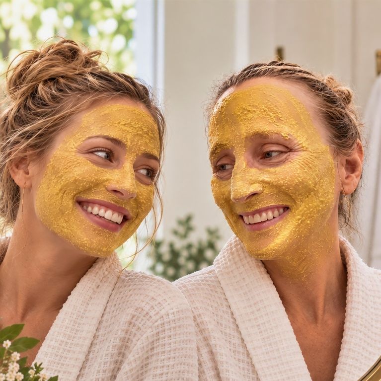 A mother and daughter wearing textured white waffle robes and smiling while applying the turmeric face mask in a bright indoor setting.