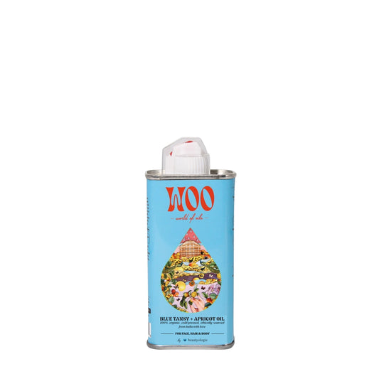 A can of Woo World of Oils Blue Tasty Apricot Oil with a light blue label, red brand logo, and a white cap, shown on a plain white background.