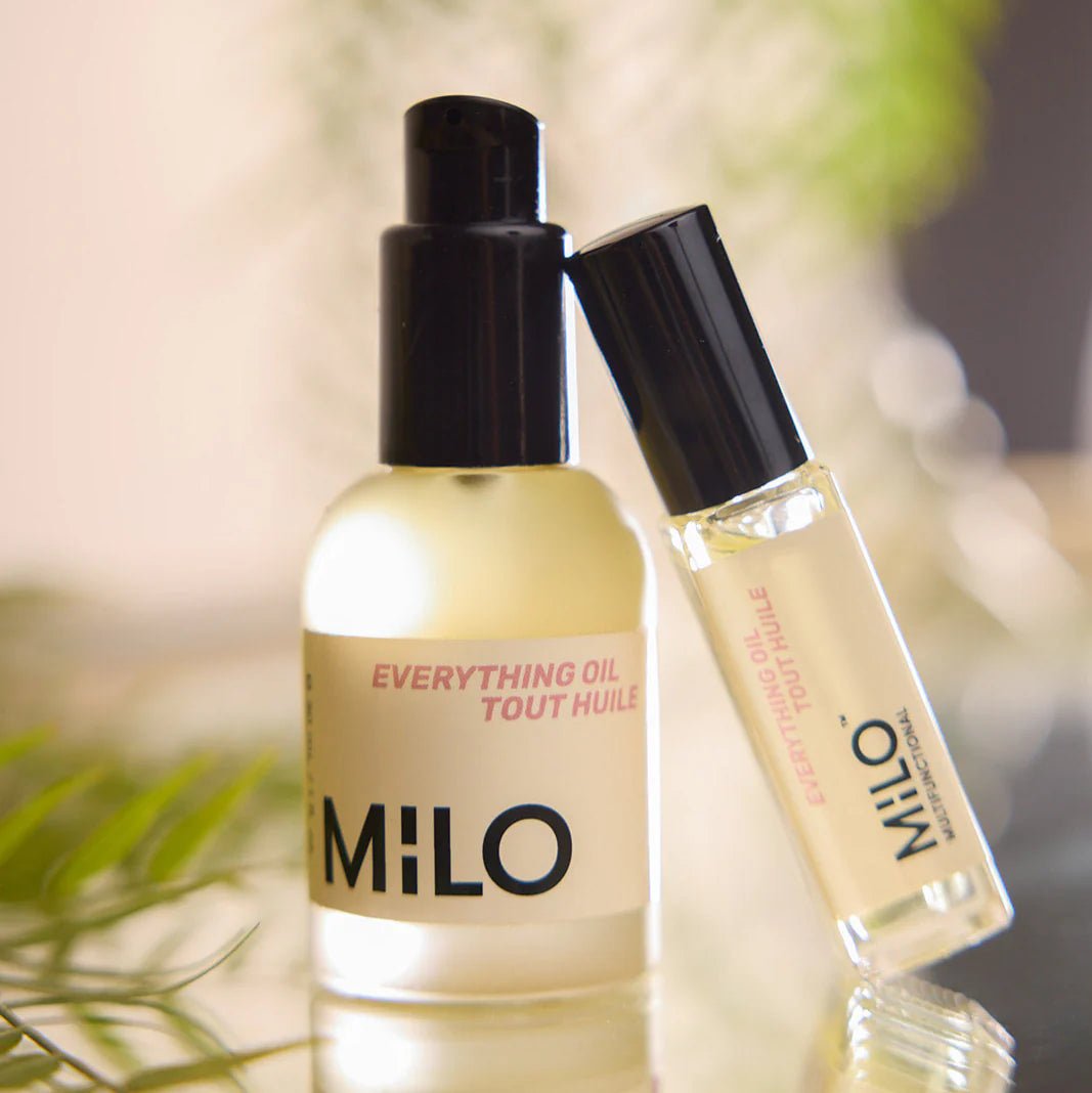 Full size and travel size bottles of Everything Oil for skin and hair from MILO Multifunctional