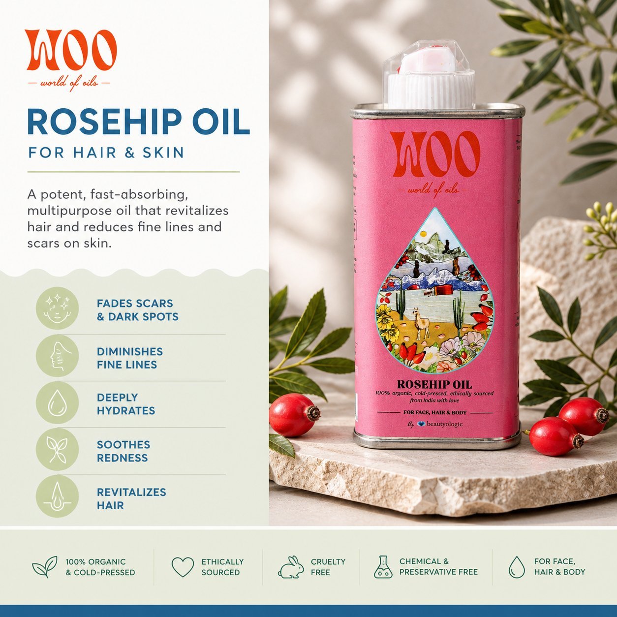WOO Rosehip Oil can with product details on a neutral background