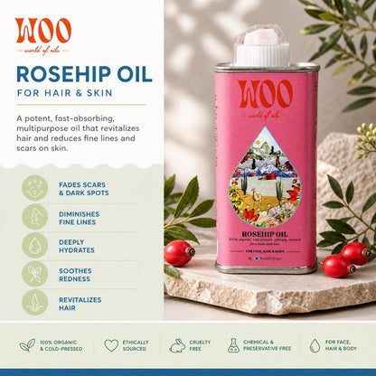 WOO Rosehip Oil can with product details on a neutral background