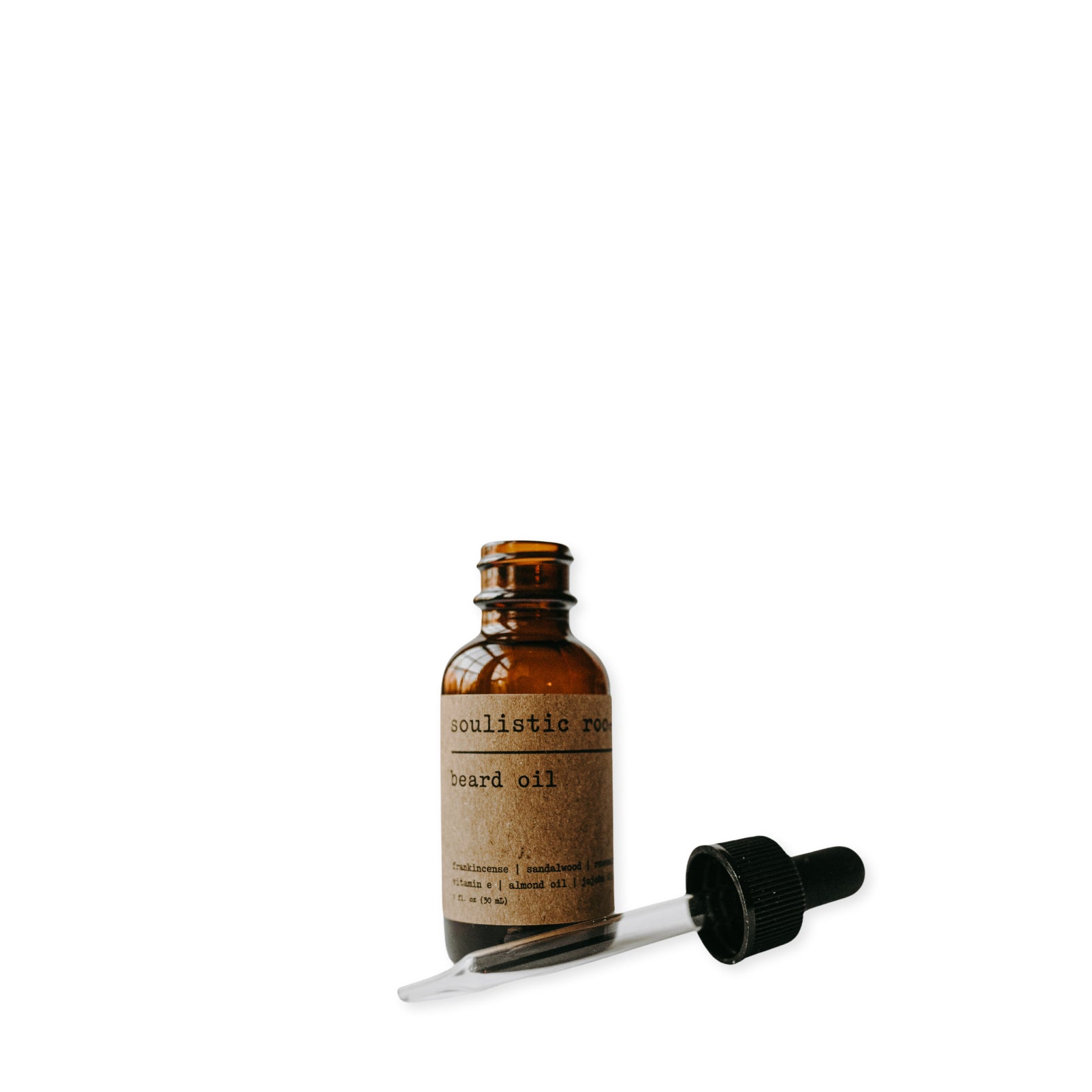 Bottle of beard oil with dropper on a white background