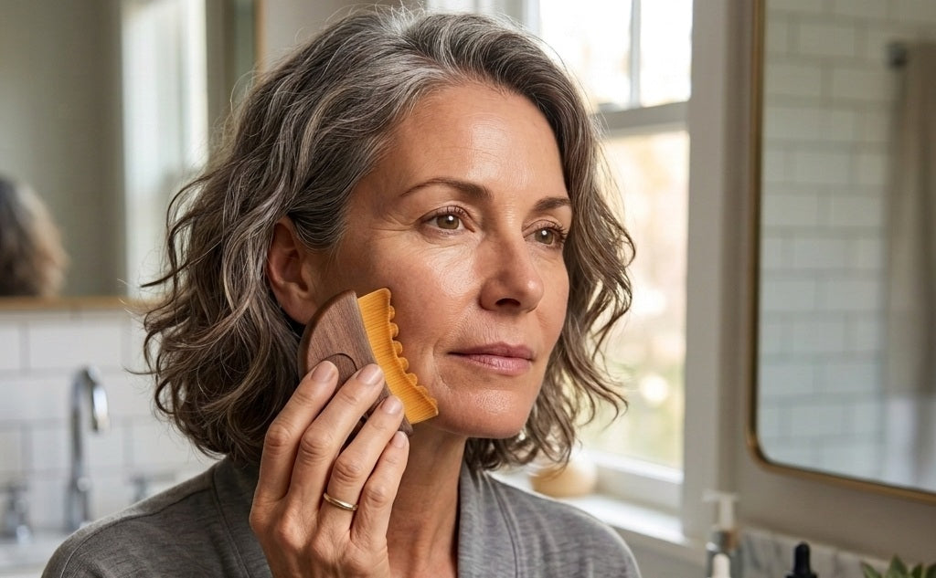 A woman in a bathroom uses a gua sha facial brush with a wooden handle on her face.
