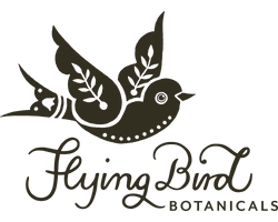 A black bird silhouette with leaf-like wing details above the words 'Flying Bird Botanicals' in a stylized script font, on a white background.