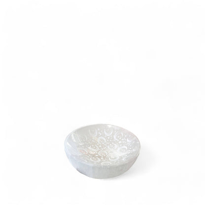 Selenite crystal dish with stars and moons